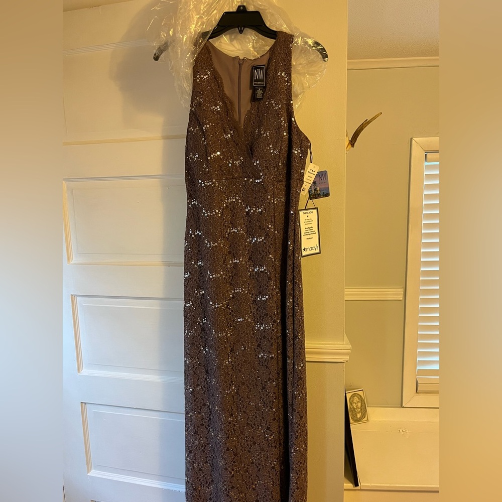 R&M Richards Brown Sequin Embellished Maxi Gown